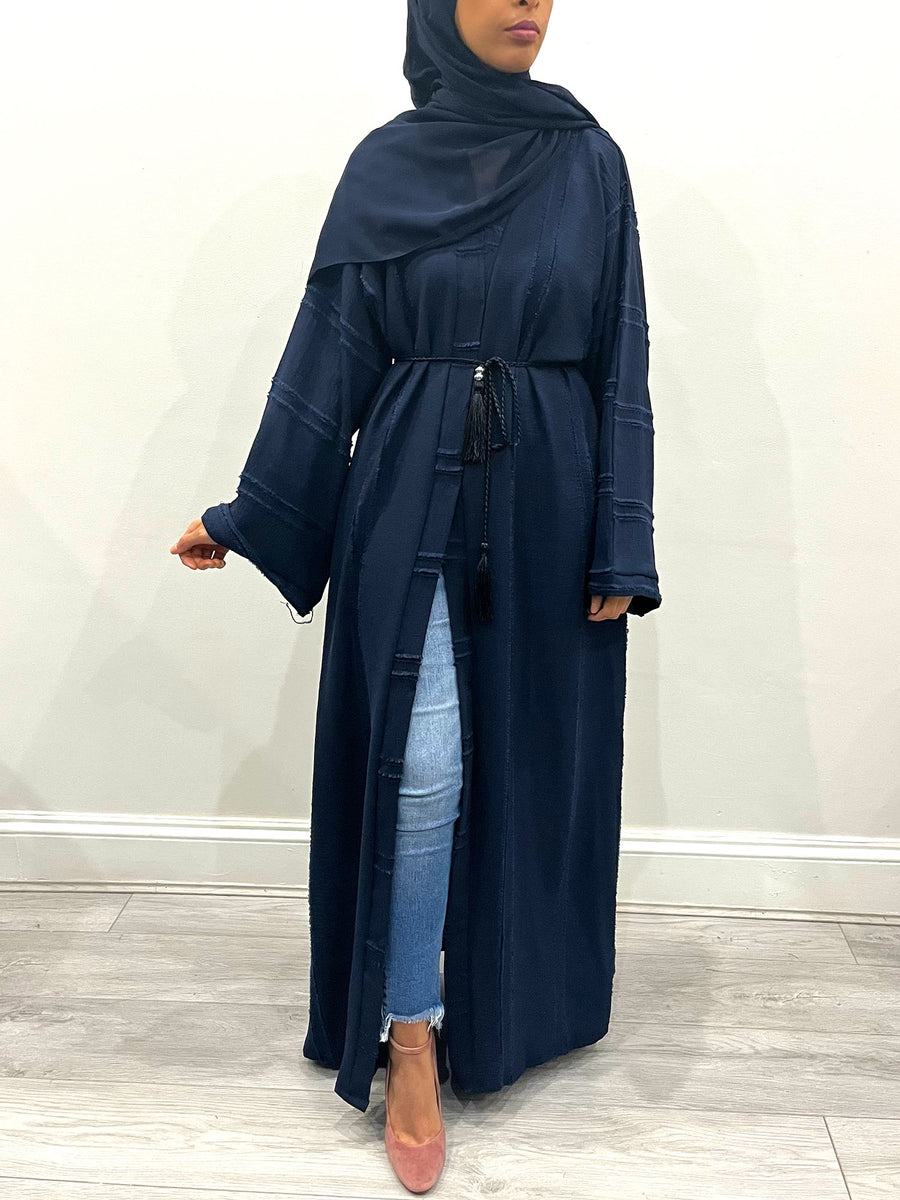 Navy abaya worn open showing the crepe drape