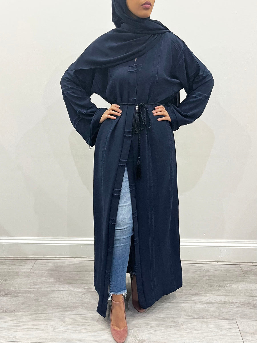 Navy open abaya belted at the waist