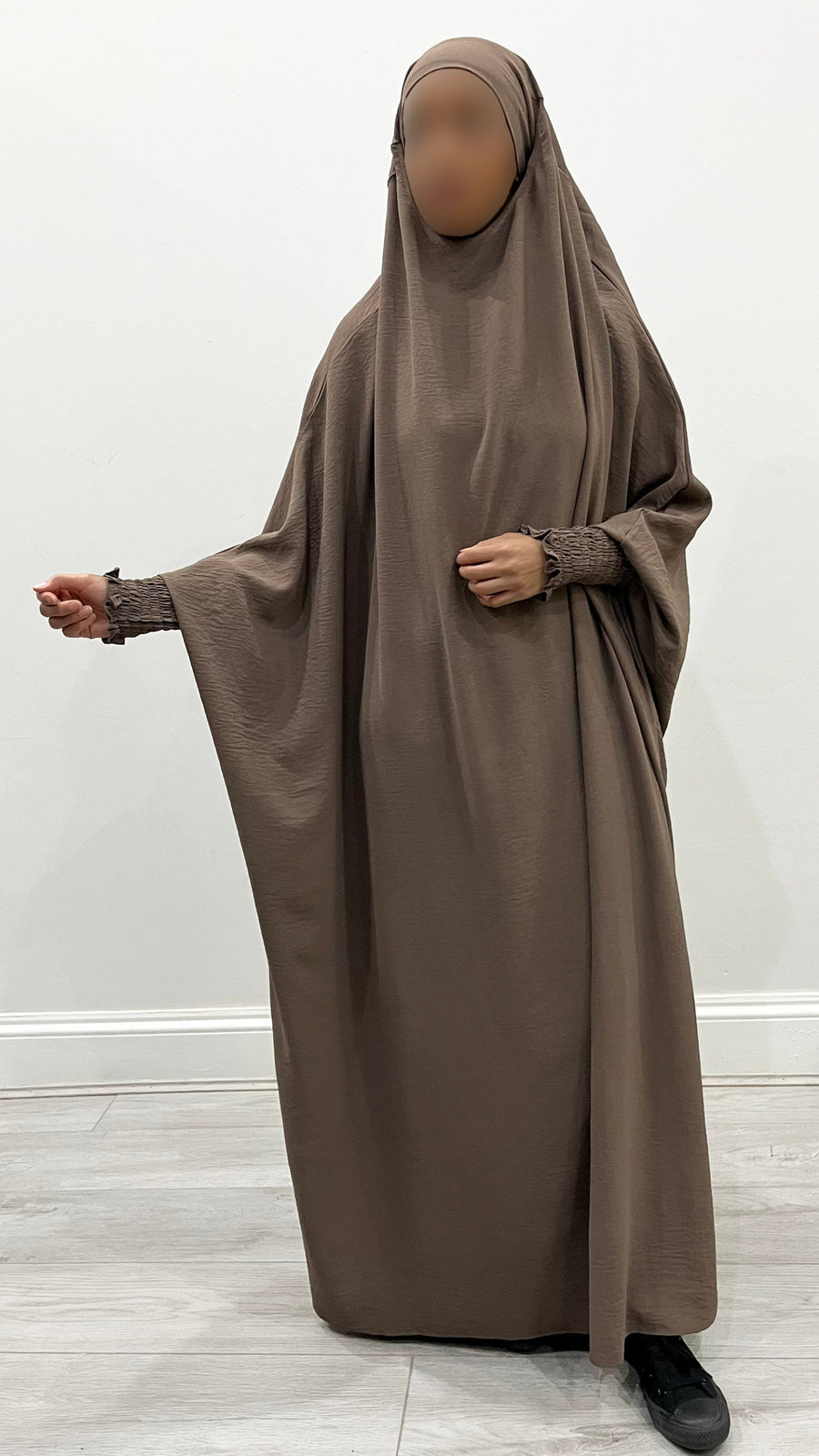 Dark taupe overhead jilbab with tie straps for secure coverage