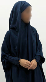 Navy blue one-piece overhead full jilbab with ruched cuffs, front view