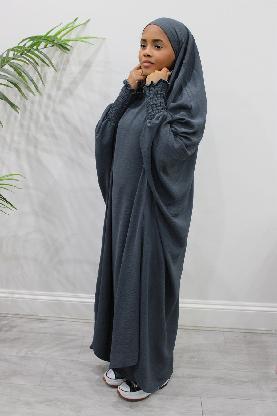 Slate grey full jilbab showing its soft crepe drape and full-length coverage