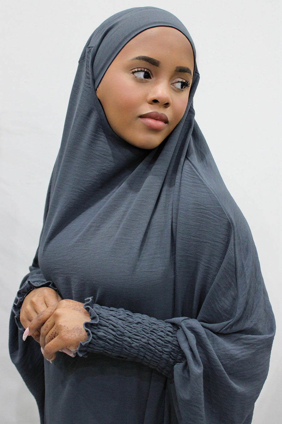 Slate grey one-piece overhead full jilbab with ruched cuffs, front view