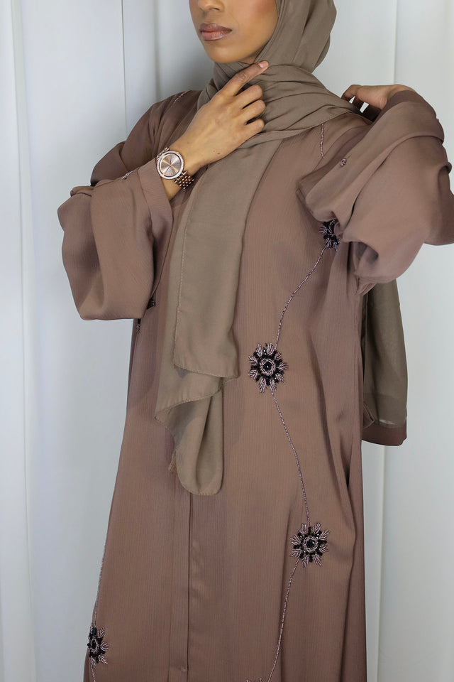 Amani's orchid smoke floral embellished open abaya front view