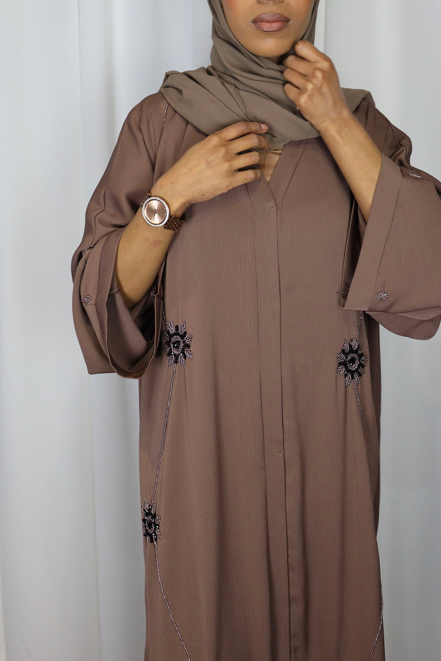 Orchid smoke open abaya with black floral embellishment