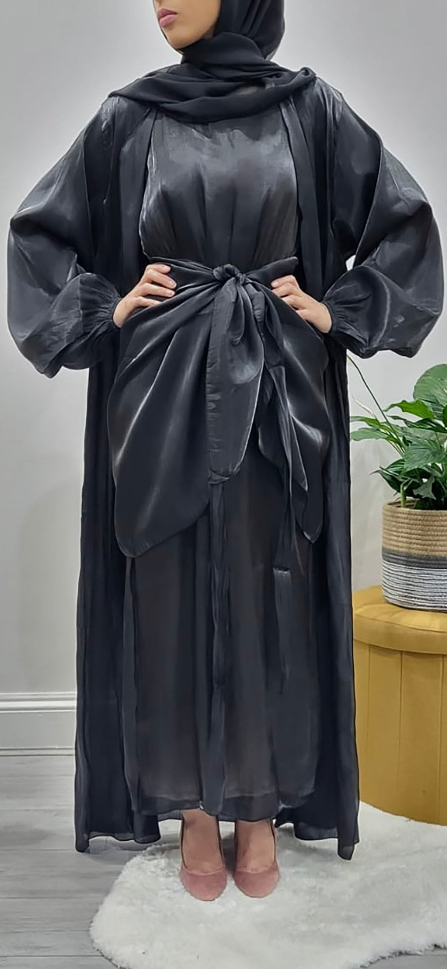 Black organza silk open abaya showing its floaty, light-catching drape