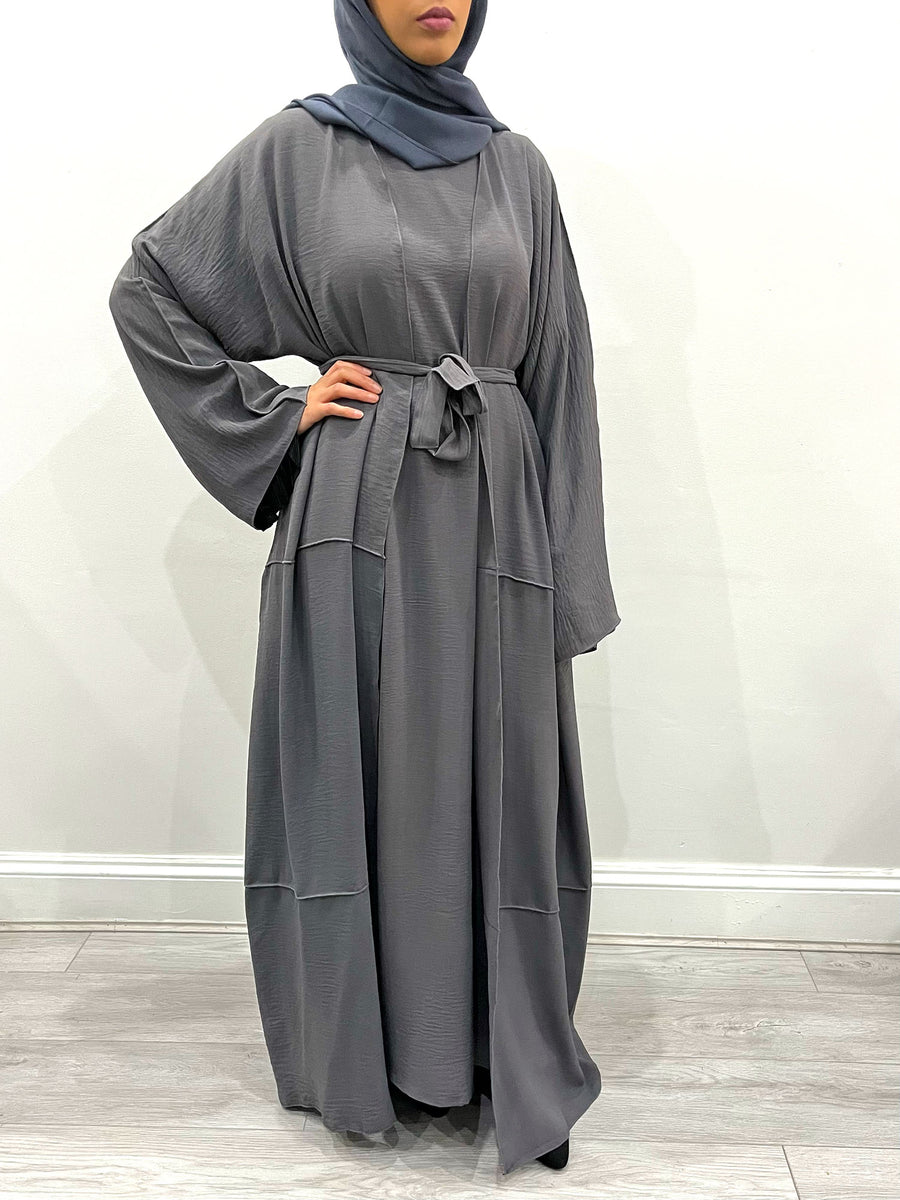 Pigeon gray open abaya worn over inner slip dress