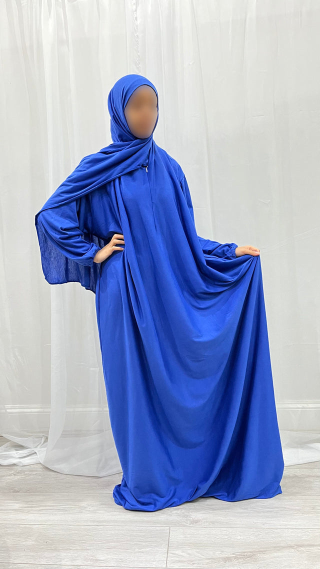Azure blue cotton stretch prayer dress with attached hijab, front view
