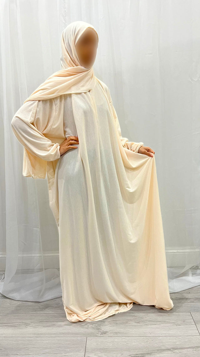 Cream cotton stretch prayer dress with attached hijab, front view