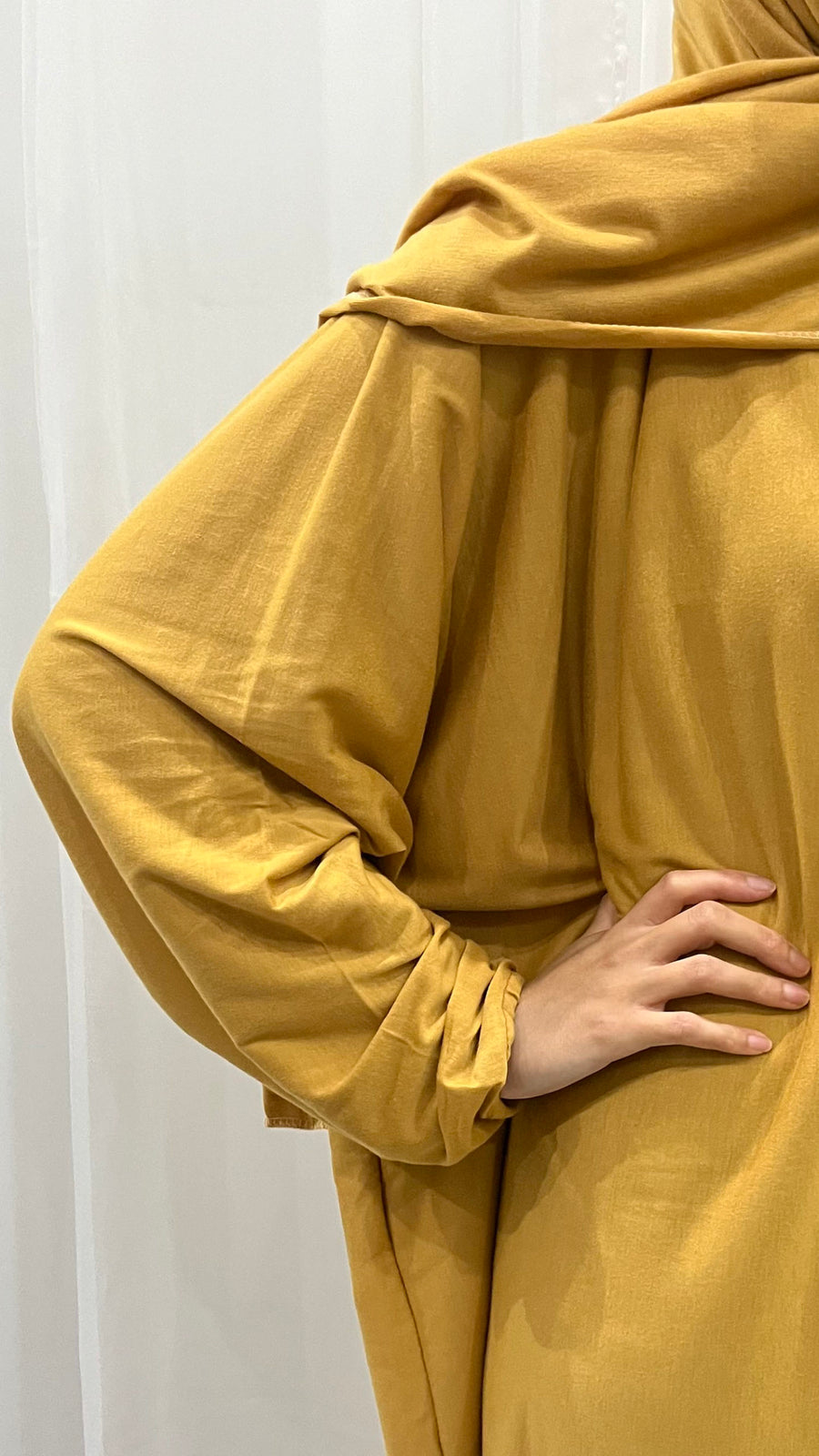 Honey cotton stretch prayer dress showing the attached wrap-around hijab