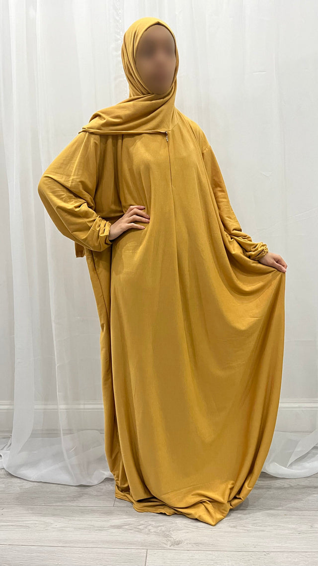 Honey cotton stretch prayer dress with attached hijab, front view