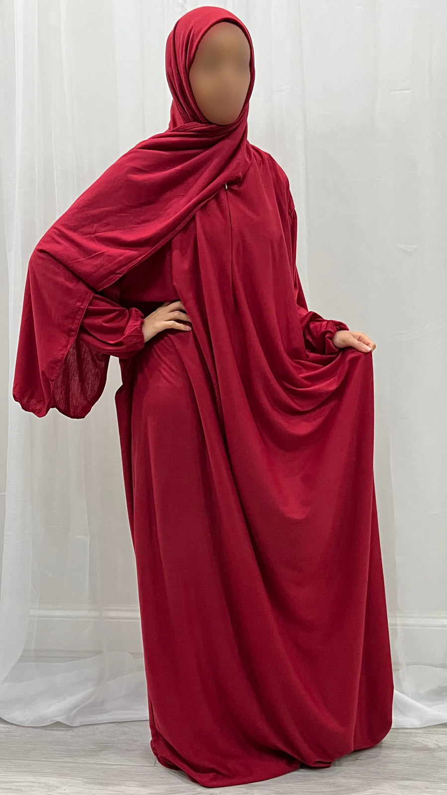 Red cotton stretch prayer dress with attached hijab, front view