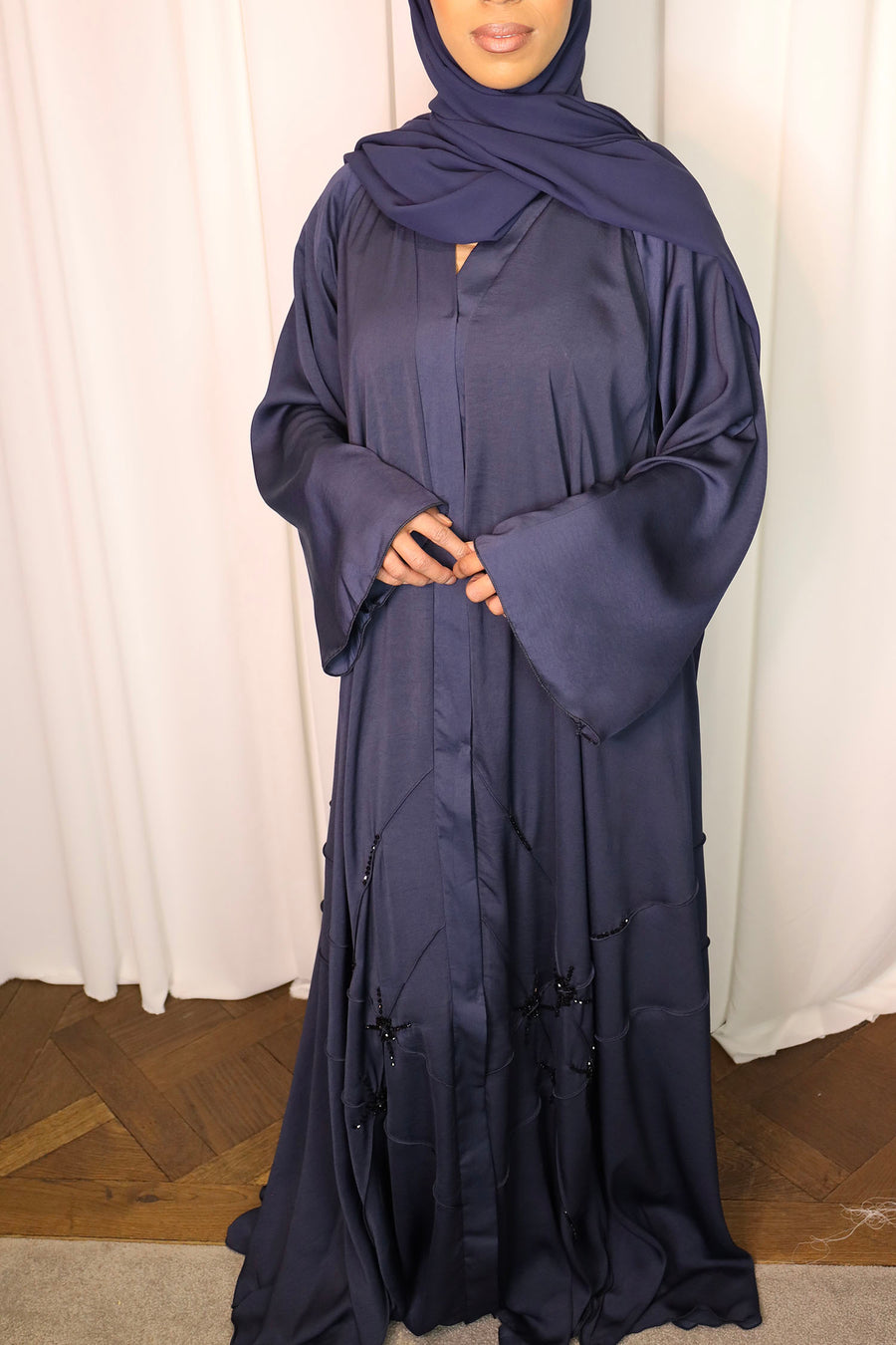 Royal navy open abaya with black hand-stitched beading
