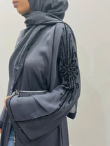 Slate gray open abaya with beaded arm embellishment, front view