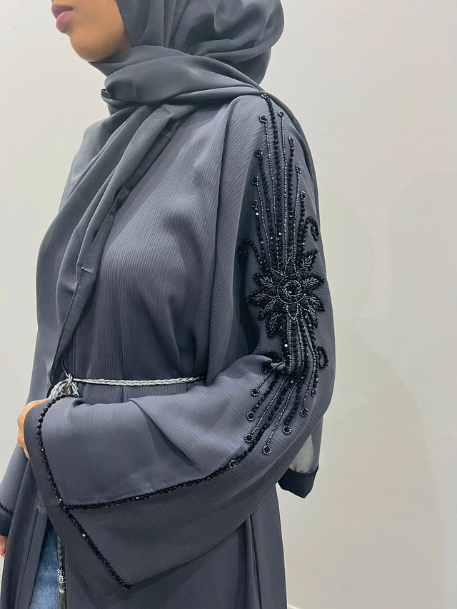 Slate gray open abaya with beaded arm embellishment, front view