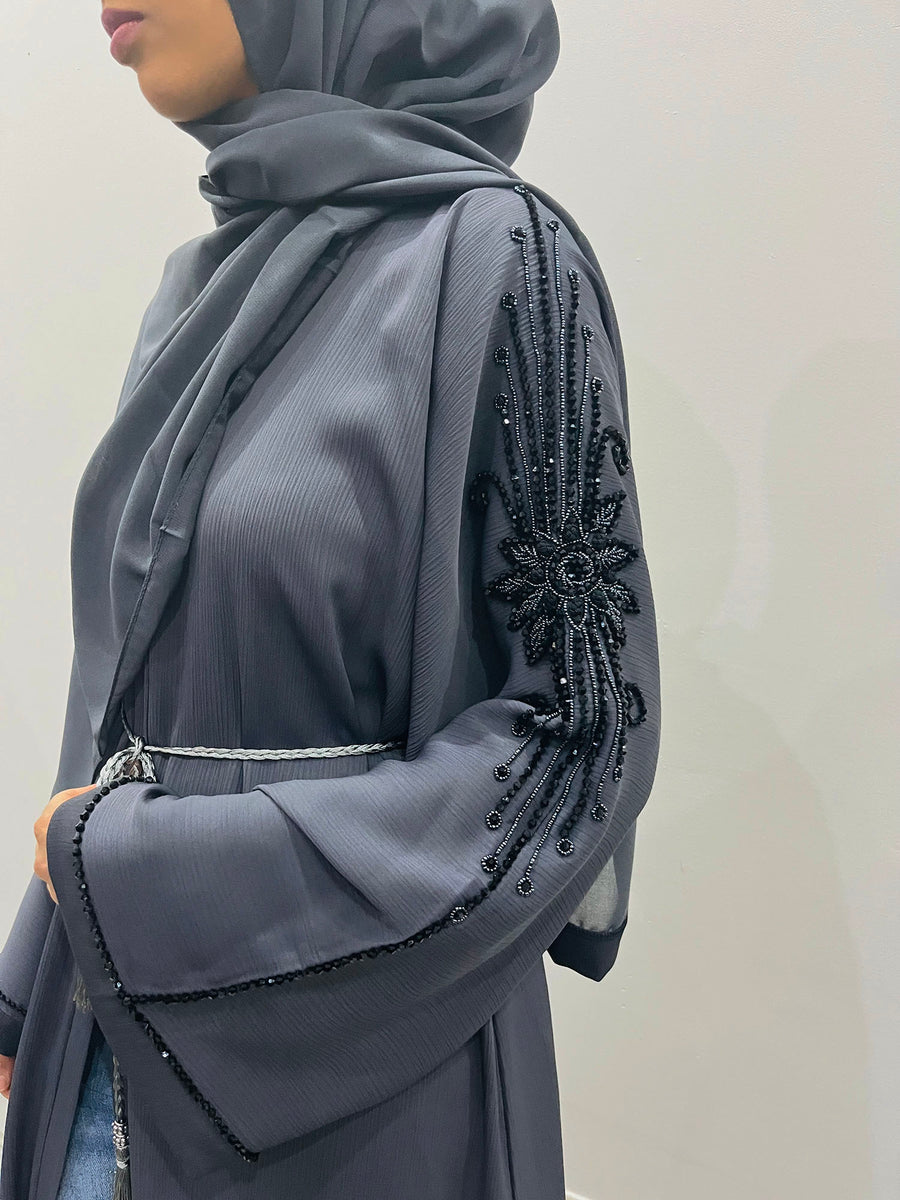 Slate gray open abaya with beaded arm embellishment, front view