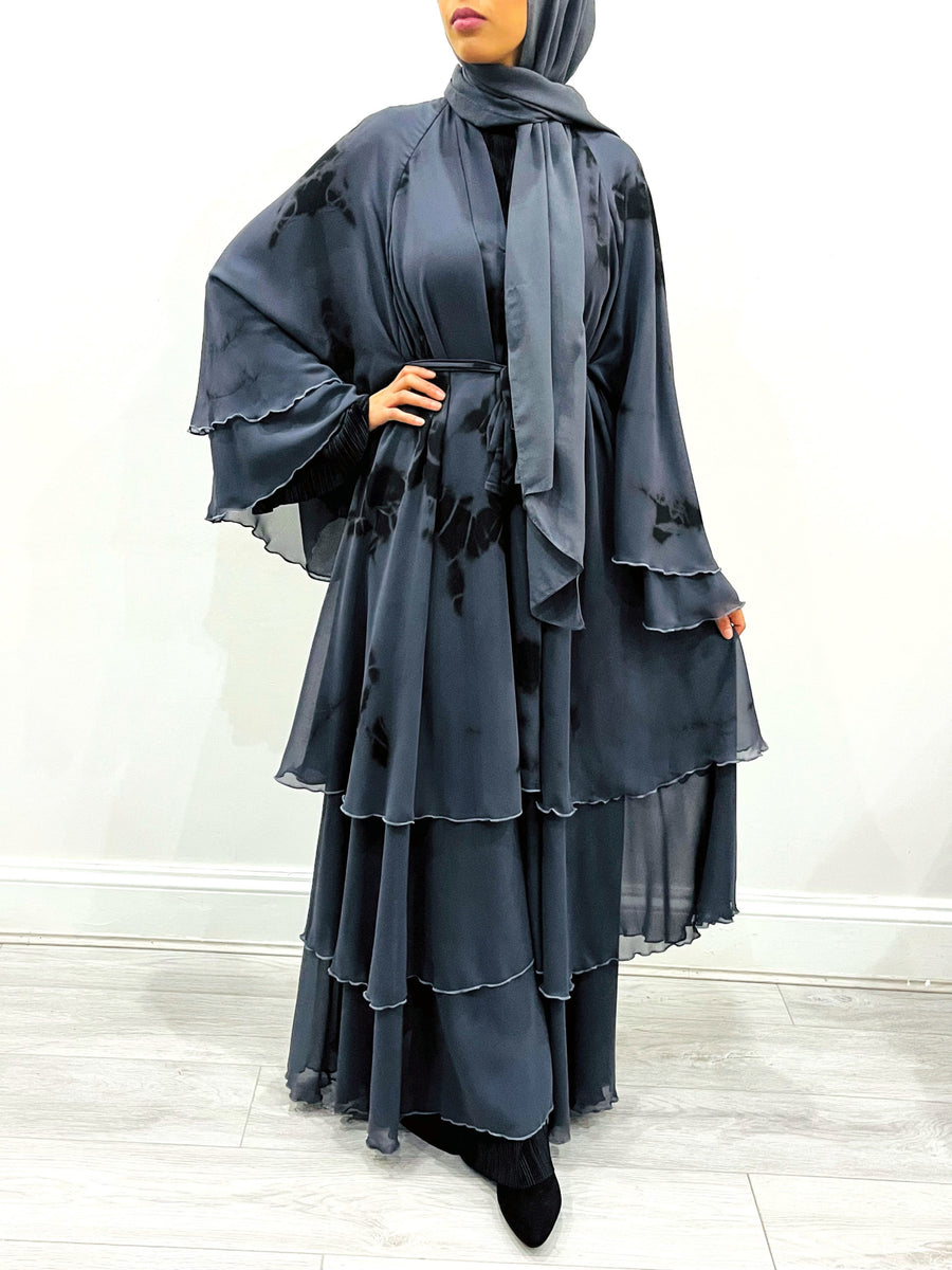 Slate gray tie-dye abaya belted at the waist