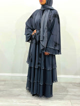 Slate gray tie-dye layered open abaya, front view