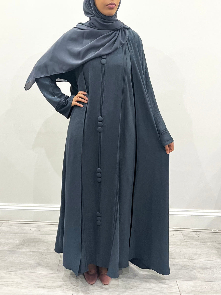 Slate gray open abaya styled over its matching inner slip dress