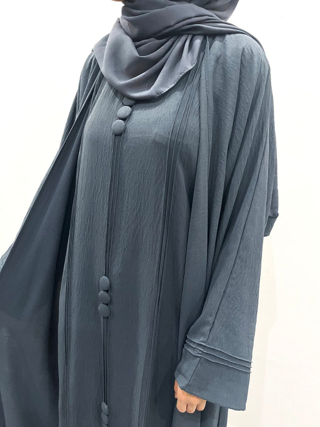 Slate gray two-piece open abaya, front view