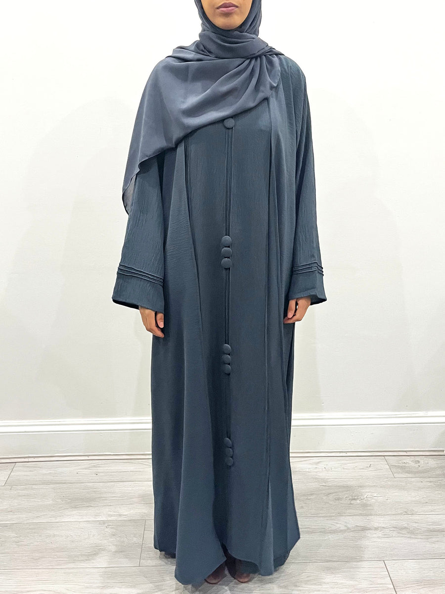 Slate gray abaya showing the soft crepe drape