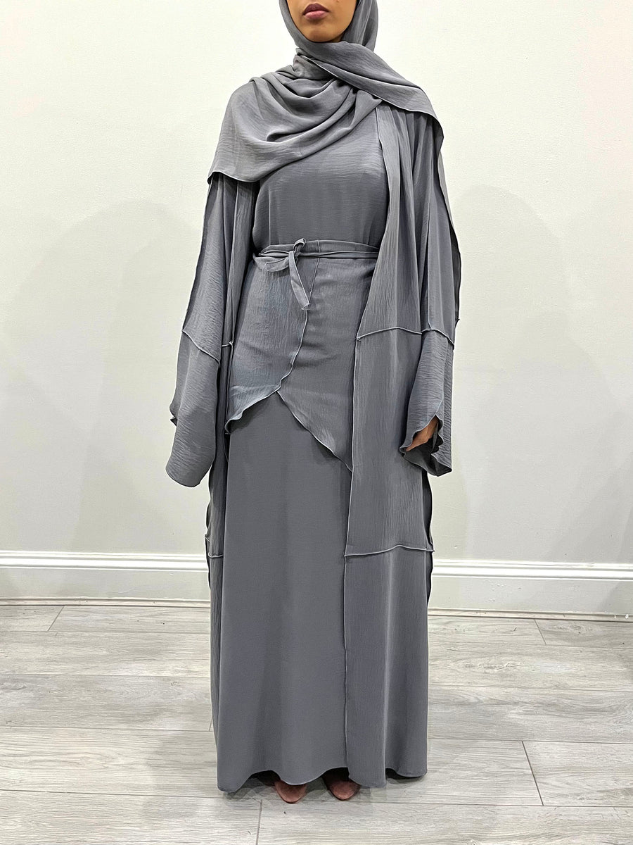 Slate gray three-piece abaya set styled with matching hijab