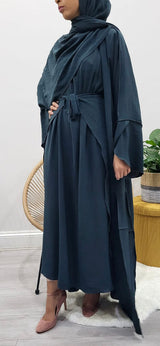 Teal three-piece open abaya set, front view