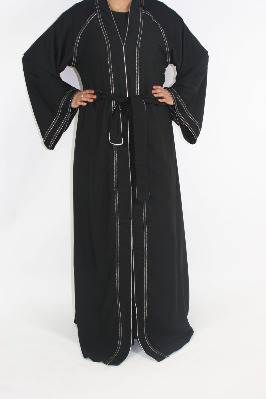 Open abaya with silver-lined borders and bell sleeves, front view