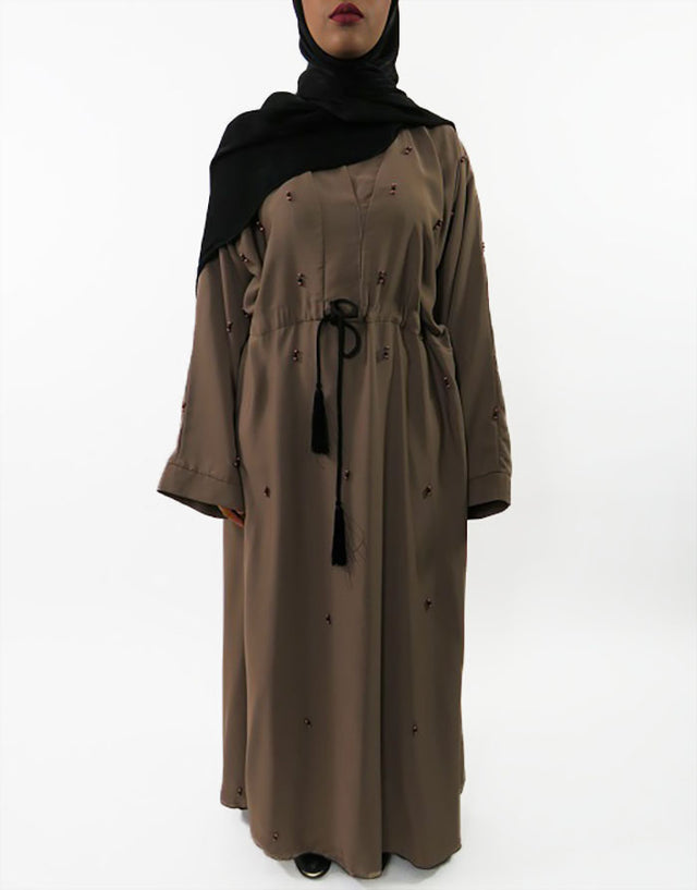 Embellished beaded wide-sleeve abaya with V-neck, front view