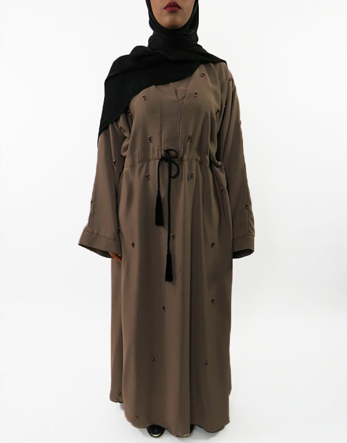 Embellished beaded wide-sleeve abaya with V-neck, front view