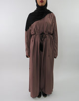 Embellished beaded abaya with V-neck and crossover panel, front view