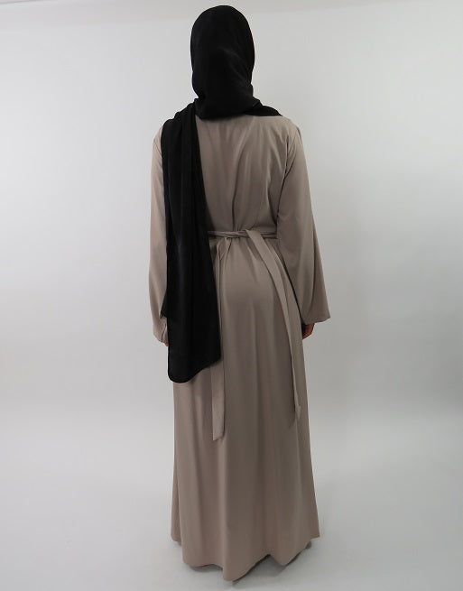 Beige scuba-mix wrap maxi jacket, full length