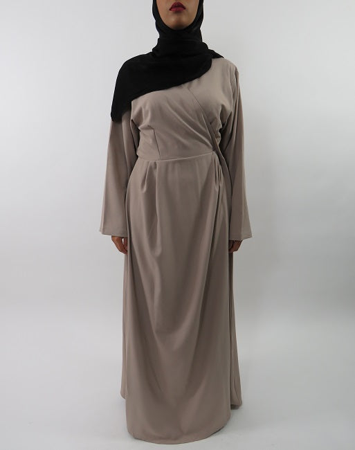 Beige wrap-around maxi jacket with V wrap front, front view