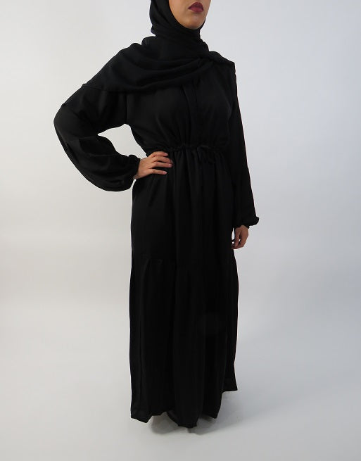 Black half-pleated Neda open abaya, full length
