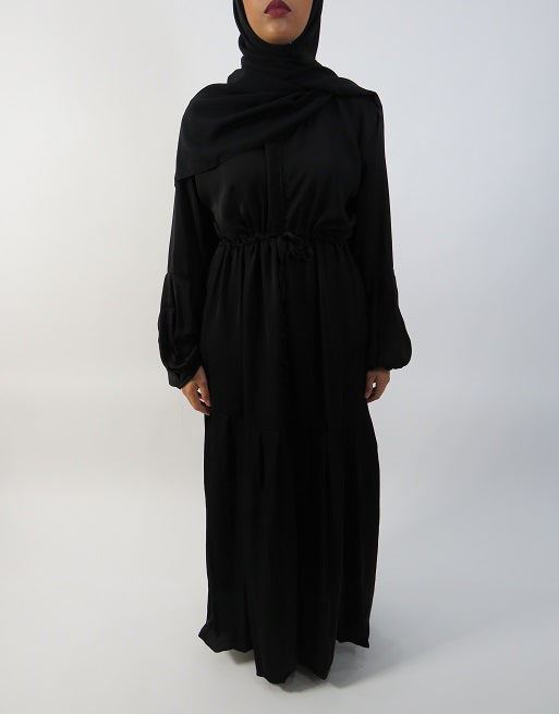 Black half-pleated open abaya, front view