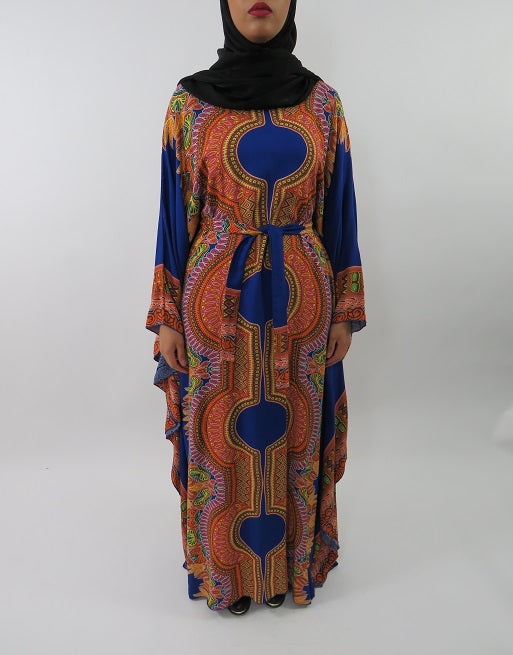 Blue printed cotton batwing kaftan maxi dress, front view