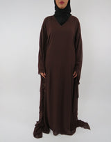Brown chiffon farasha abaya with matching hijab, front view