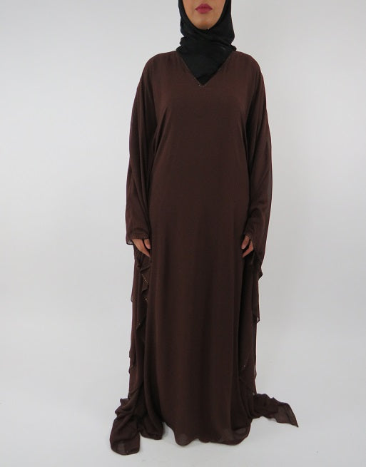 Brown chiffon farasha abaya with matching hijab, front view