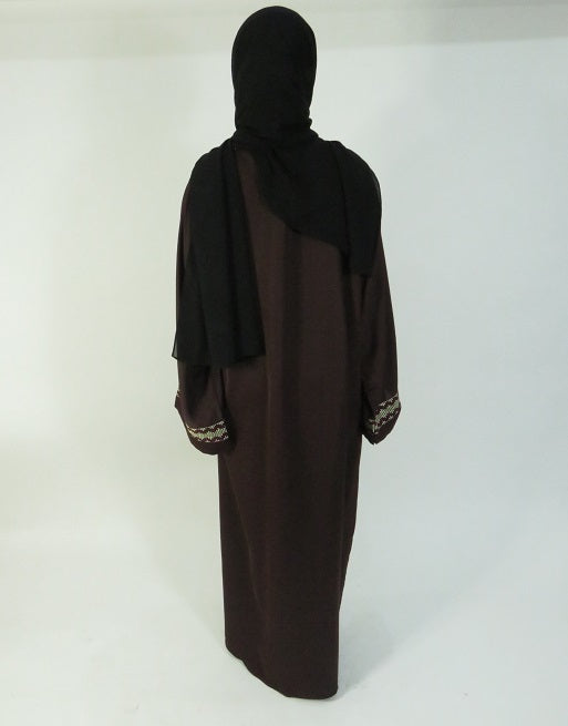 Brown open abaya showing relaxed chiffon drape