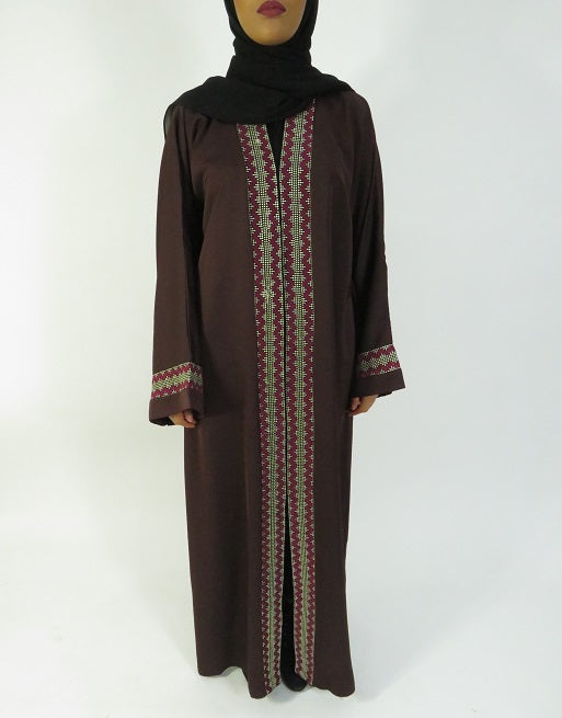 Brown chiffon open abaya, front view
