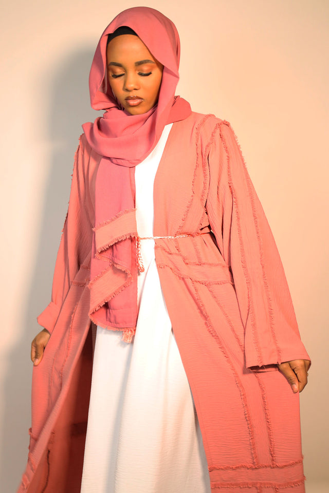 Amani's dark salmon two-piece open abaya, front view