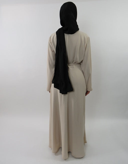 Cream crinkled polyester maxi dress with belt, side view