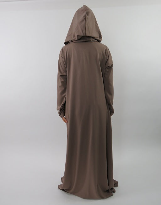 Full-length view of the dark beige hooded jersey maxi dress