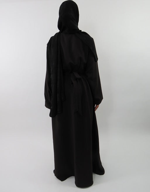 Dark brown wrap maxi jacket showing wide sleeves