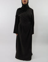 Dark brown wrap-around maxi jacket with V wrap front, front view