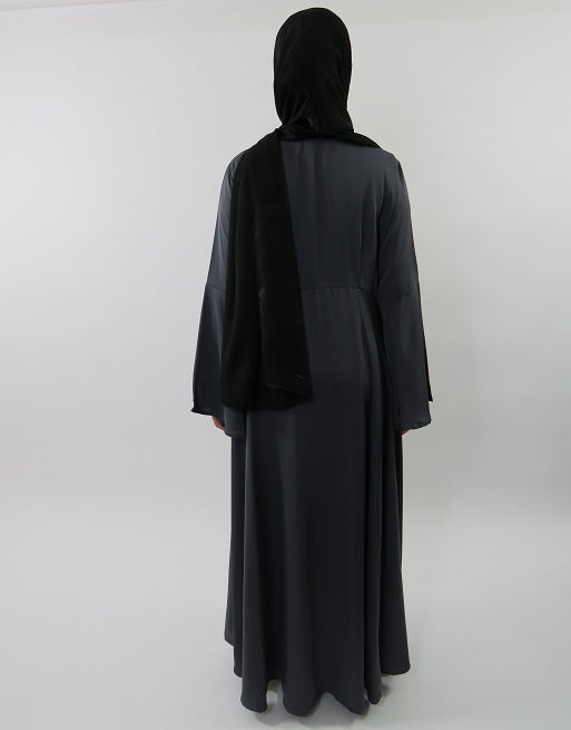 Dark grey silky modest maxi dress bell sleeve detail