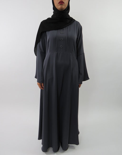 Amani's dark grey long sleeve maxi dress with bell sleeves front view