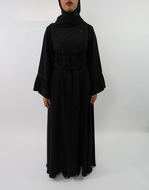 Black on black embellished umbrella cut abaya, front view