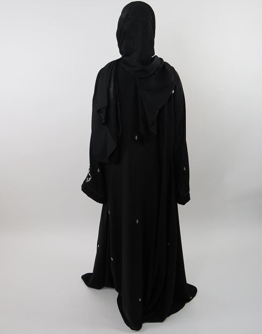 Black designer open abaya worn open over an outfit