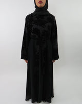 Black velvet floral printed abaya with adjustable belt, front view