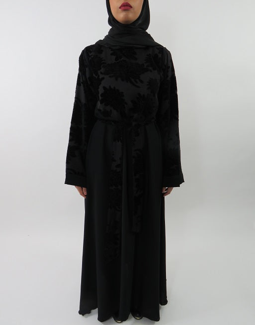 Black velvet floral printed abaya with adjustable belt, front view